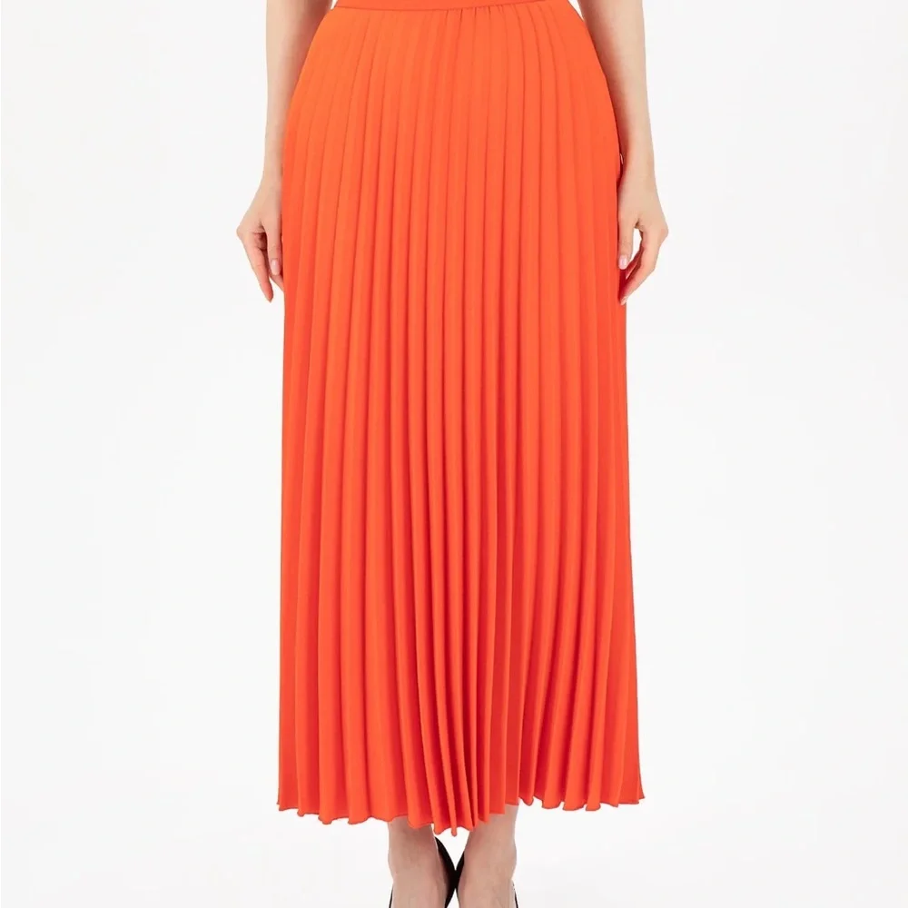 G-Line Women’s Orange Pleated Maxi Skirt with Elastic Waist Band - Picture 3 of 7